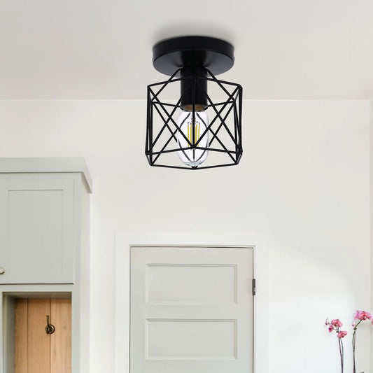 6 in. 1-Light Black Industrial Semi-Flush Mount Ceiling Light with Metal Cage Shade for Porch Hallway
