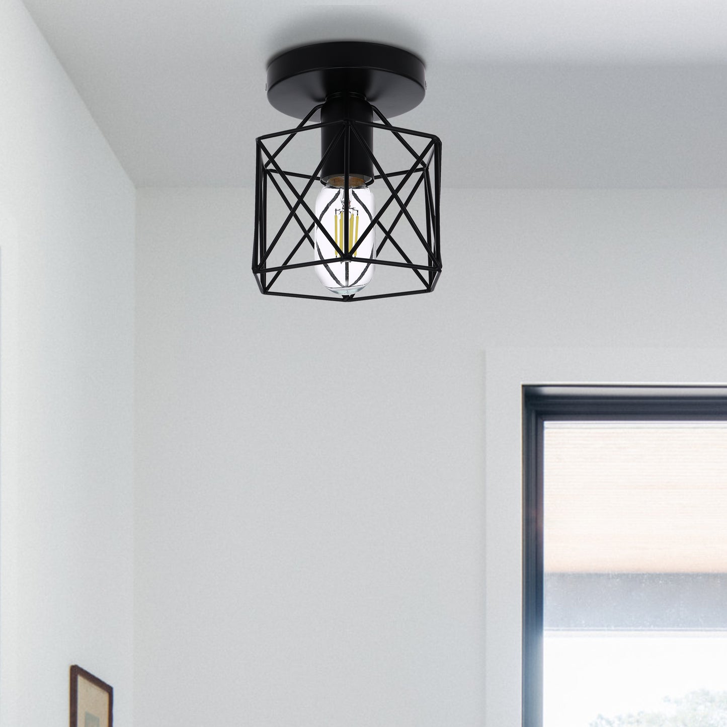 6 in. 1-Light Black Industrial Semi-Flush Mount Ceiling Light with Metal Cage Shade for Porch Hallway