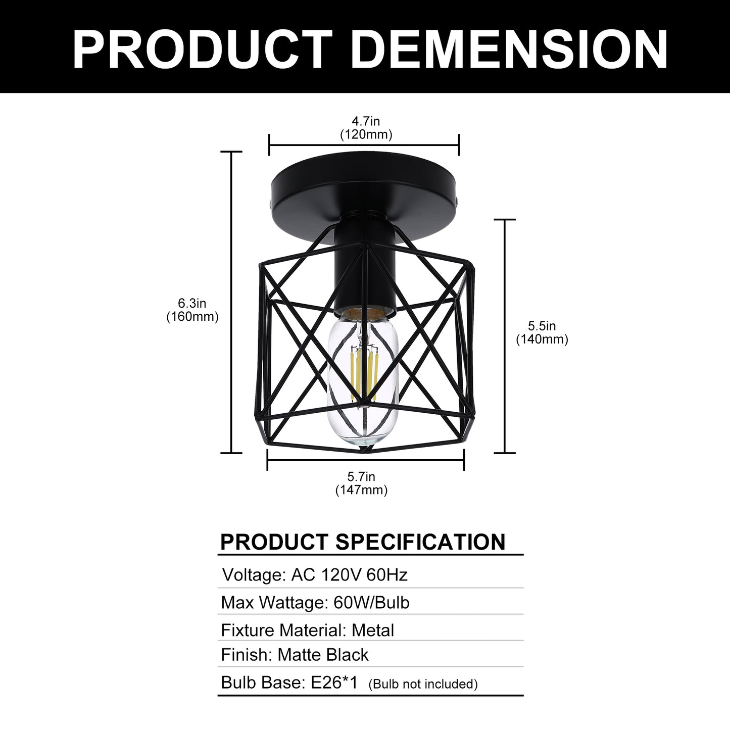 6 in. 1-Light Black Industrial Semi-Flush Mount Ceiling Light with Metal Cage Shade for Porch Hallway