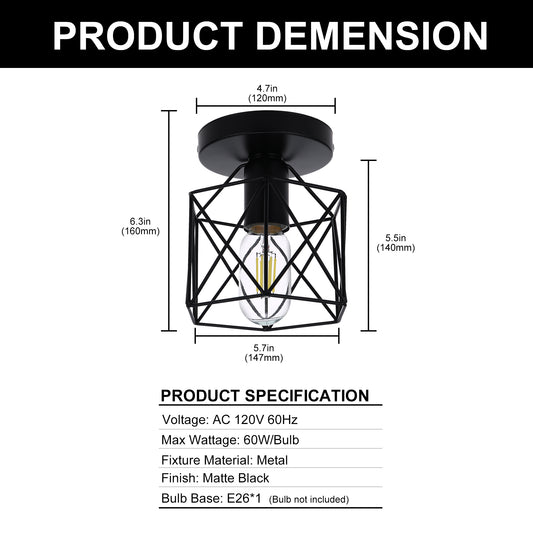 6 in. 1-Light Black Industrial Semi-Flush Mount Ceiling Light with Metal Cage Shade for Porch Hallway