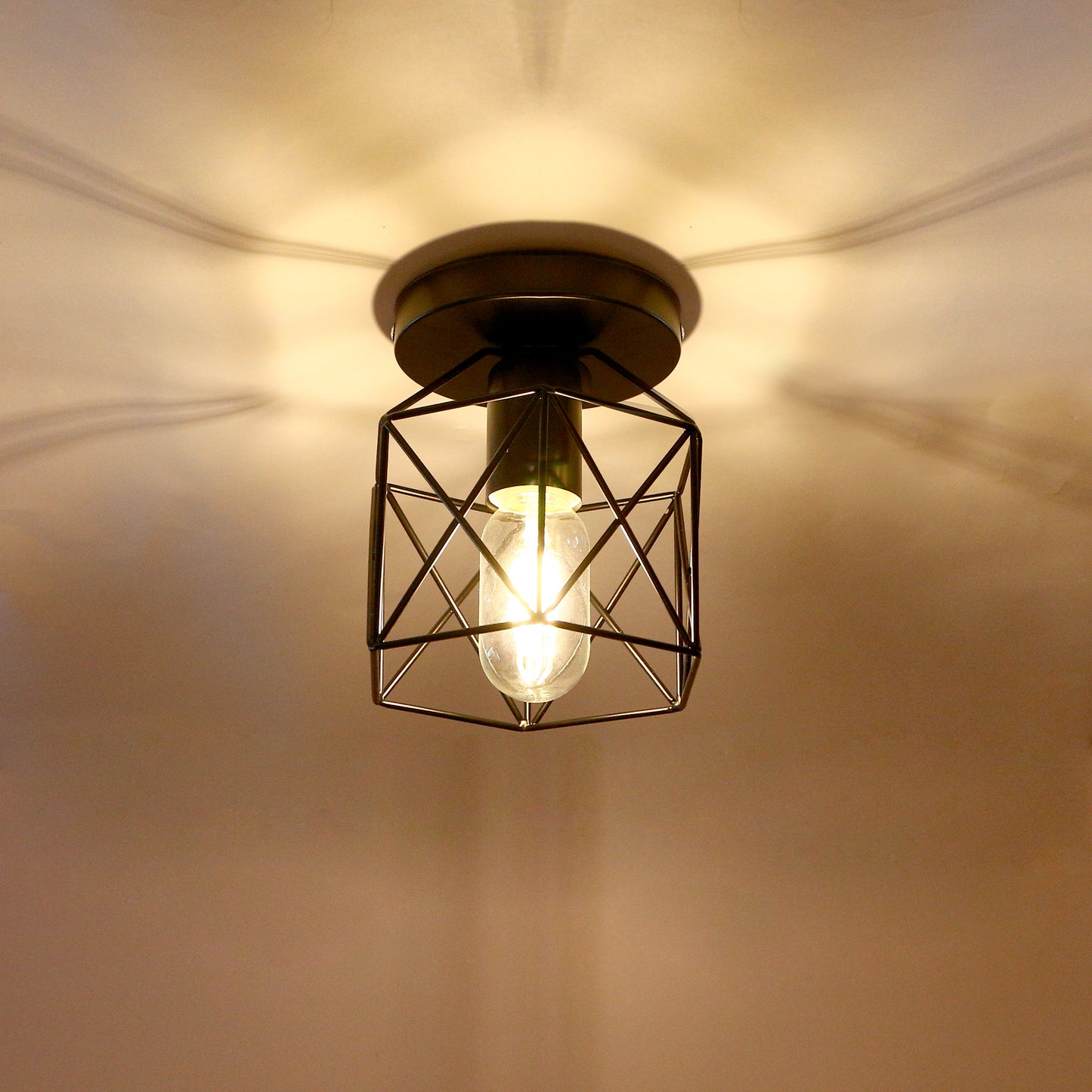 6 in. 1-Light Black Industrial Semi-Flush Mount Ceiling Light with Metal Cage Shade for Porch Hallway