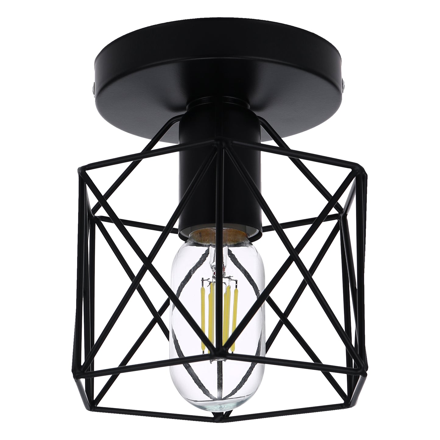 6 in. 1-Light Black Industrial Semi-Flush Mount Ceiling Light with Metal Cage Shade for Porch Hallway