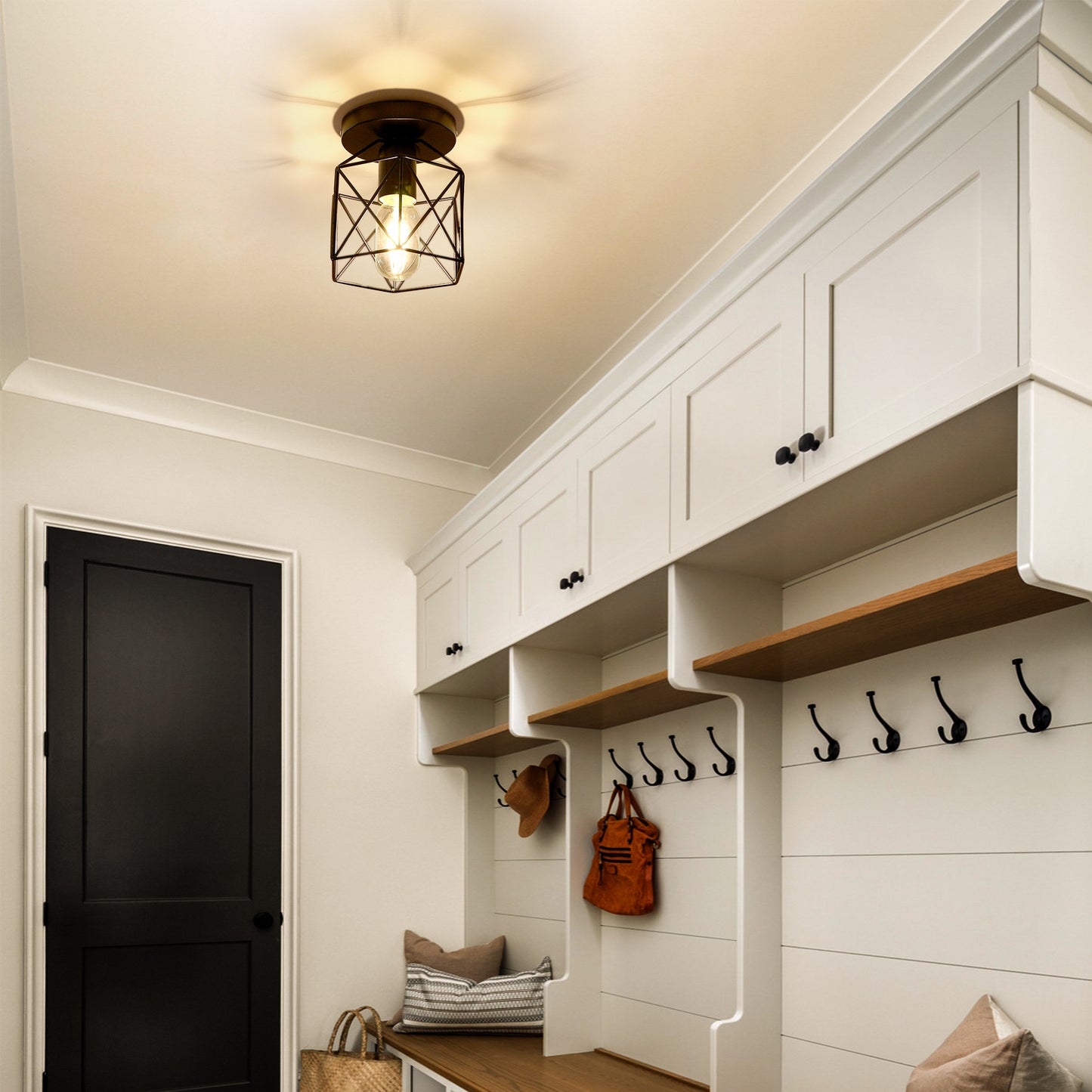 6 in. 1-Light Black Industrial Semi-Flush Mount Ceiling Light with Metal Cage Shade for Porch Hallway