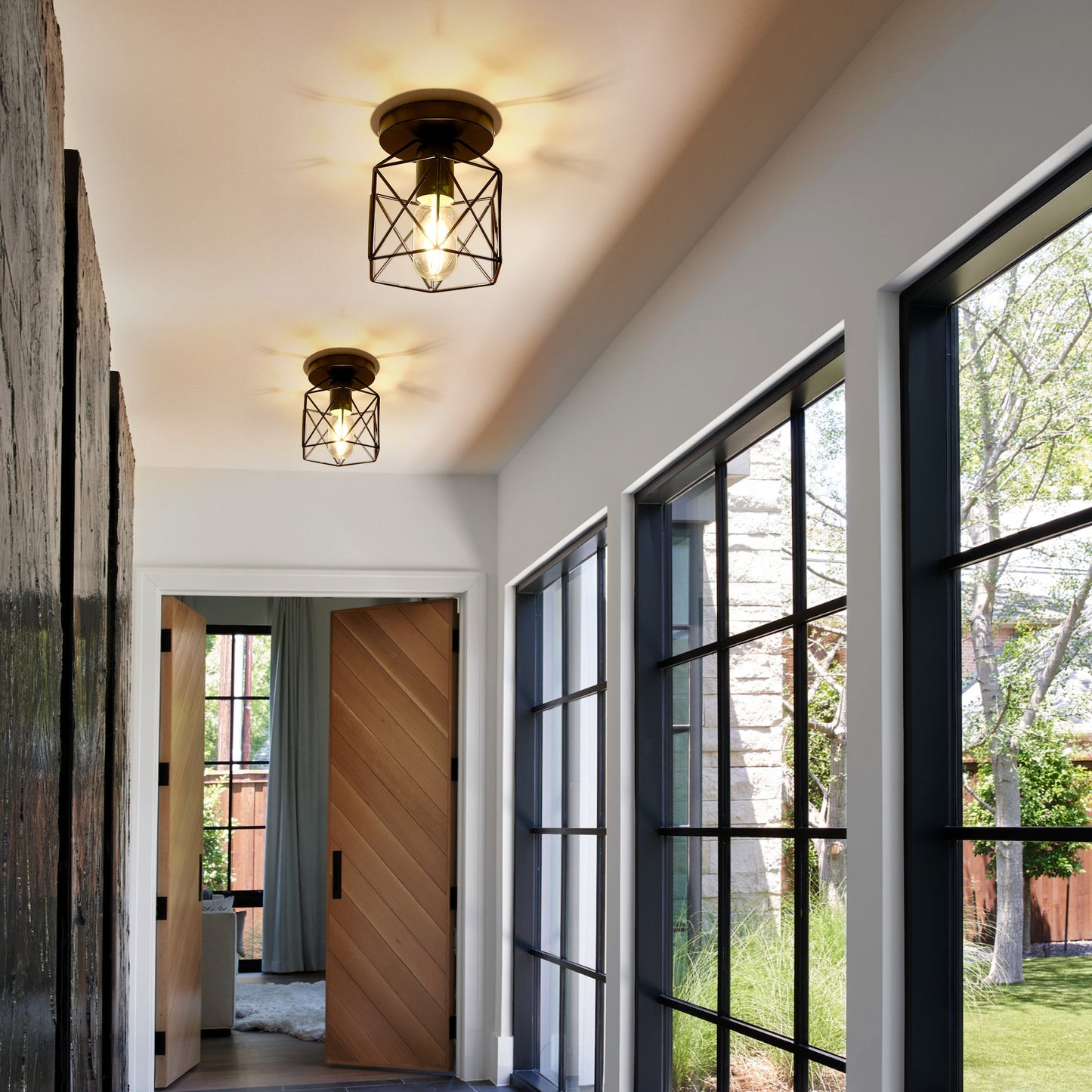 6 in. 1-Light Black Industrial Semi-Flush Mount Ceiling Light with Metal Cage Shade for Porch Hallway