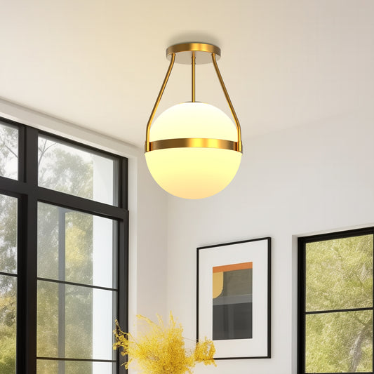 YANSUN 1-Light Gold Mid Century Modern Globe Semi Flush Mount Ceiling Light with White Frosted Glass Shade for Living Room Dinning Room