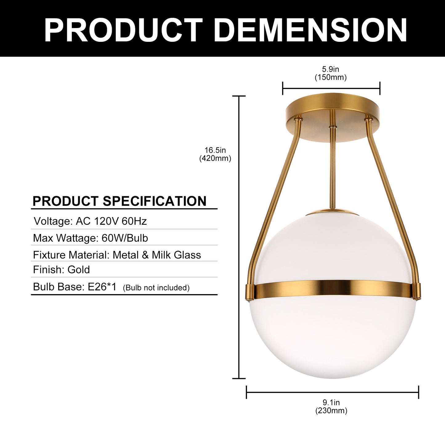 YANSUN 1-Light Gold Mid Century Modern Globe Semi Flush Mount Ceiling Light with White Frosted Glass Shade for Living Room Dinning Room