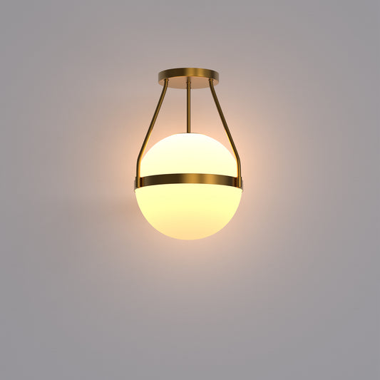 YANSUN 1-Light Gold Mid Century Modern Globe Semi Flush Mount Ceiling Light with White Frosted Glass Shade for Living Room Dinning Room