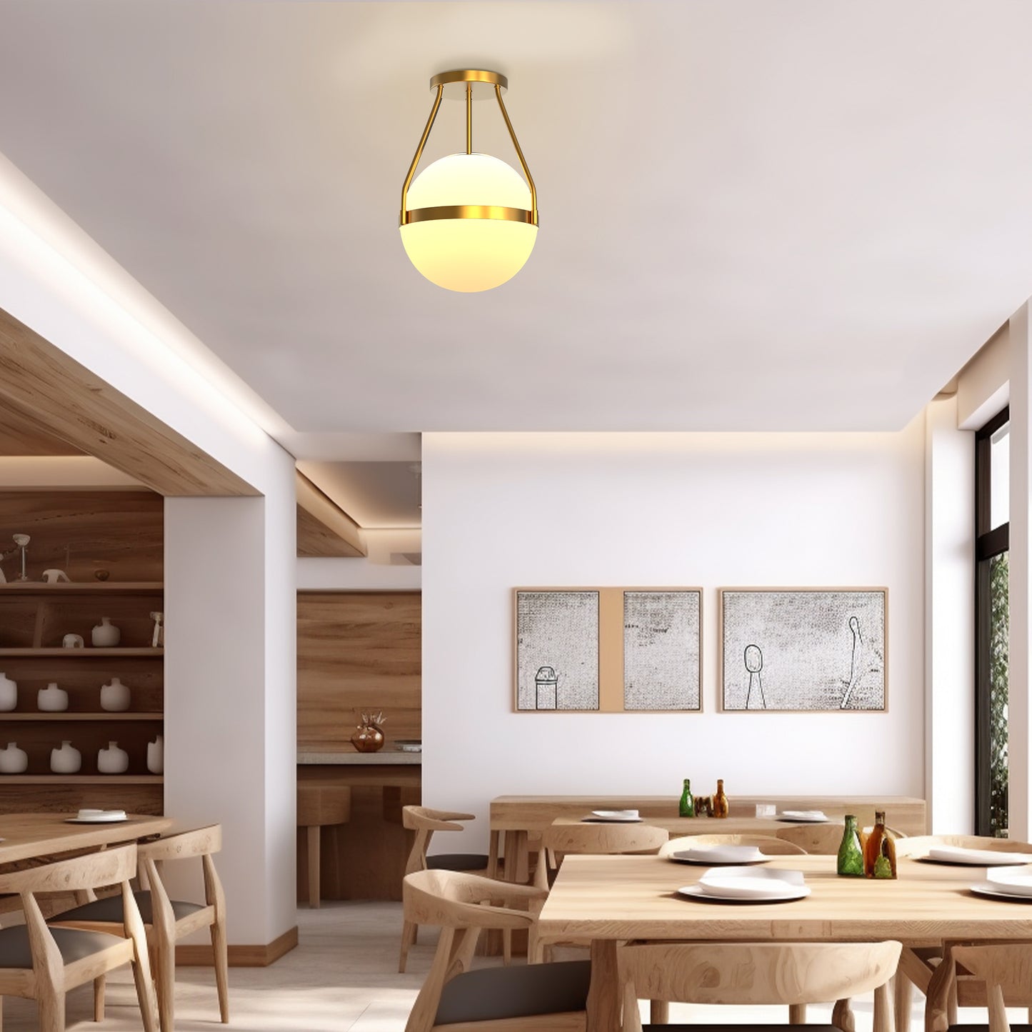 YANSUN 1-Light Gold Mid Century Modern Globe Semi Flush Mount Ceiling Light with White Frosted Glass Shade for Living Room Dinning Room