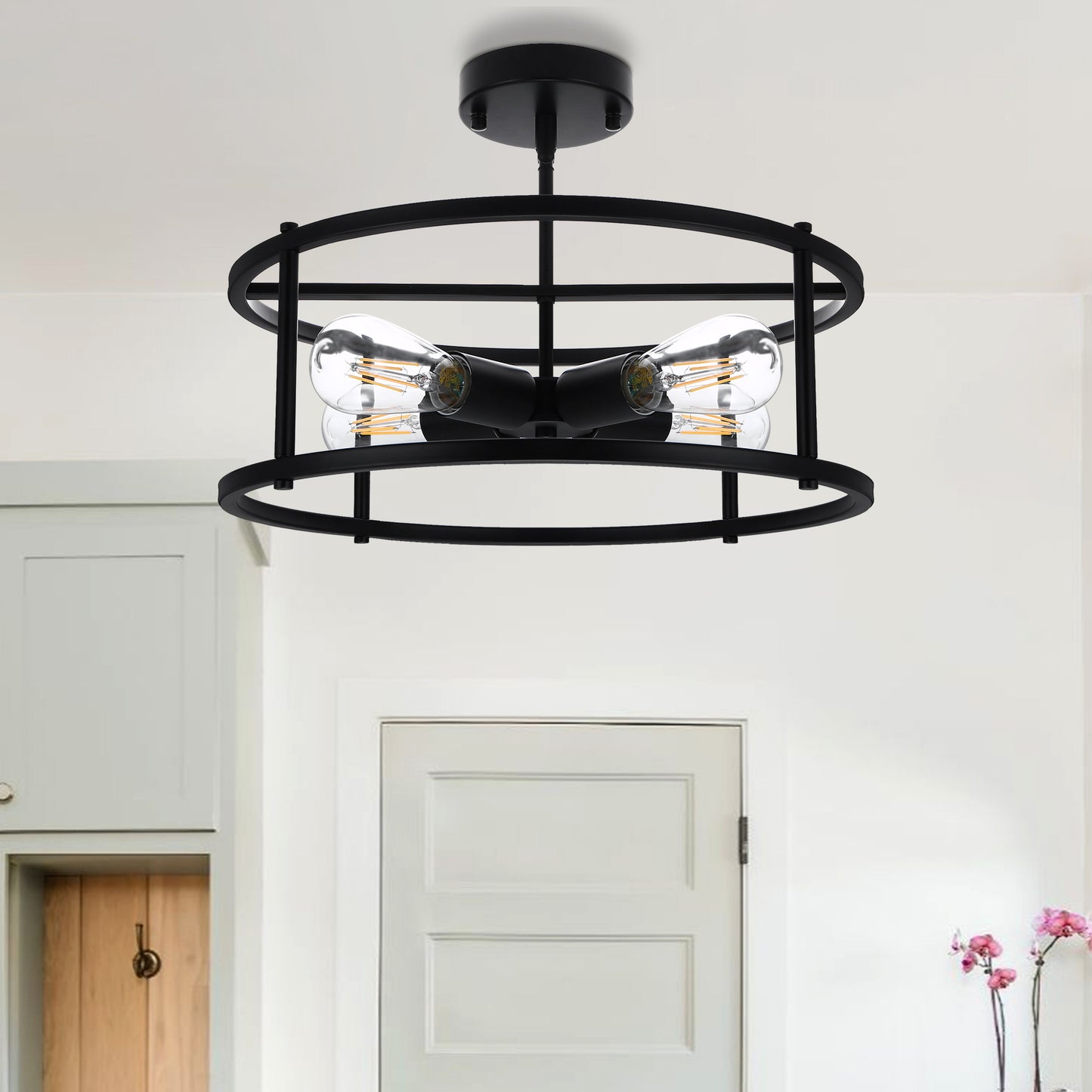 YANSUN 17 in. 4-Light Black Industria Caged Drum Ceiling Semi-Flush Mount Light for Kitchen Island Dining Room