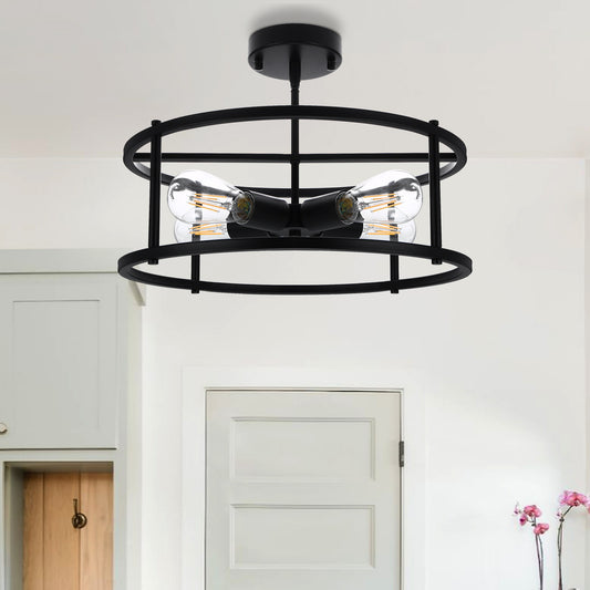 YANSUN 17 in. 4-Light Black Industria Caged Drum Ceiling Semi-Flush Mount Light for Kitchen Island Dining Room