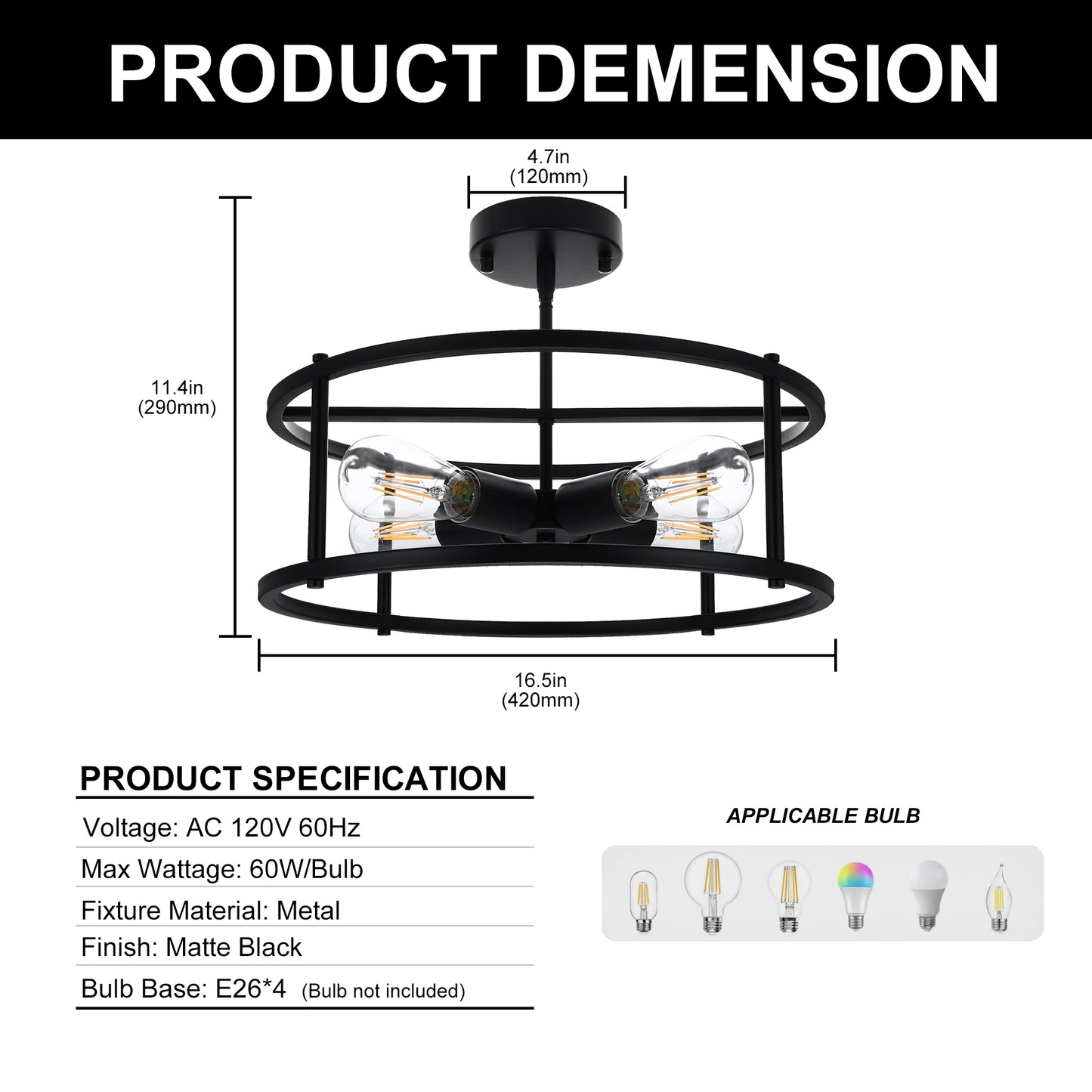 YANSUN 17 in. 4-Light Black Industria Caged Drum Ceiling Semi-Flush Mount Light for Kitchen Island Dining Room