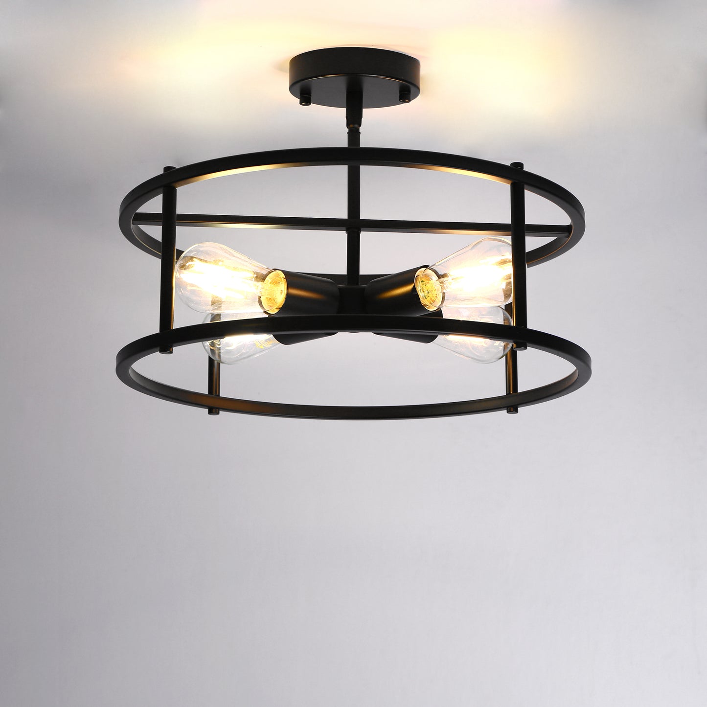 YANSUN 17 in. 4-Light Black Industria Caged Drum Ceiling Semi-Flush Mount Light for Kitchen Island Dining Room