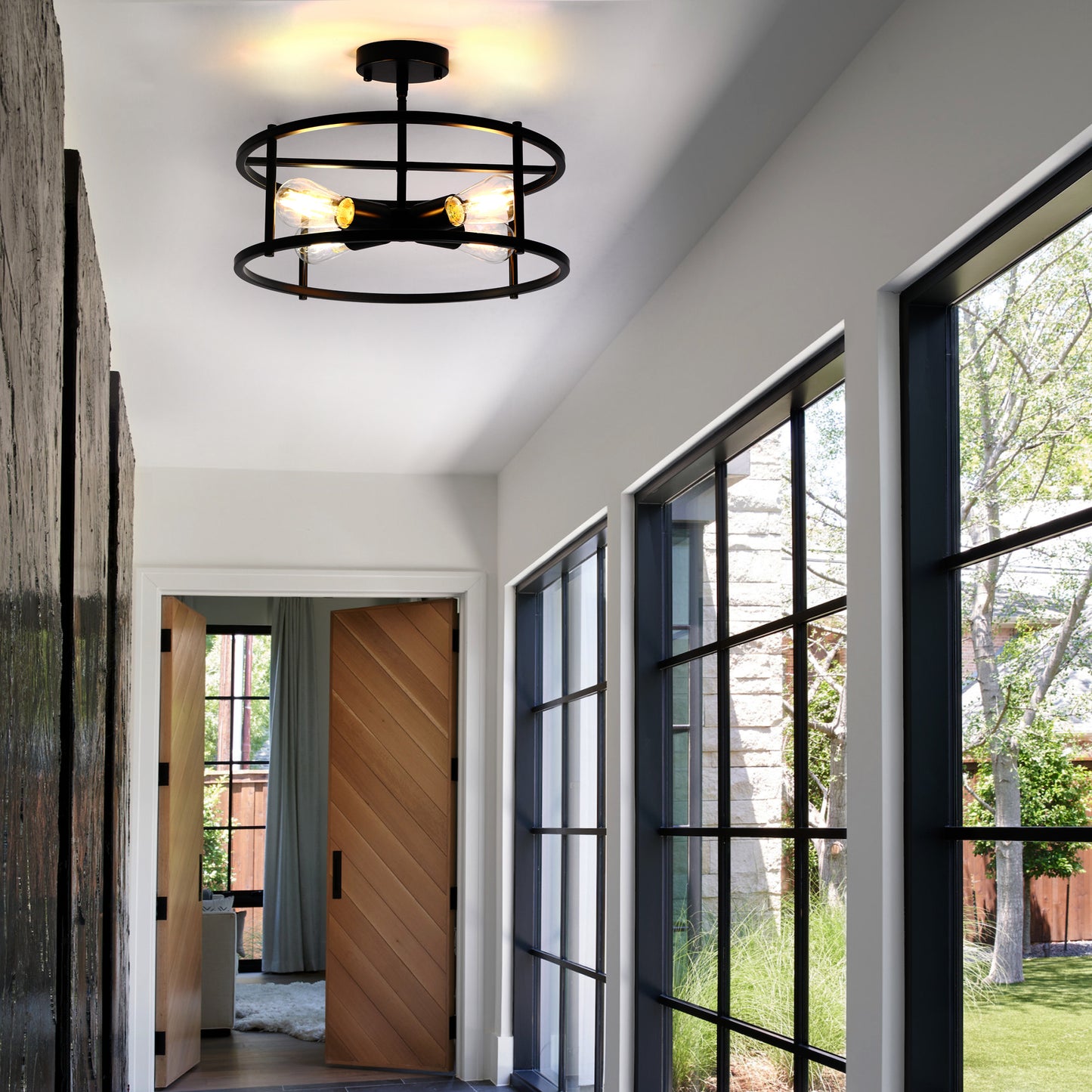 YANSUN 17 in. 4-Light Black Industria Caged Drum Ceiling Semi-Flush Mount Light for Kitchen Island Dining Room