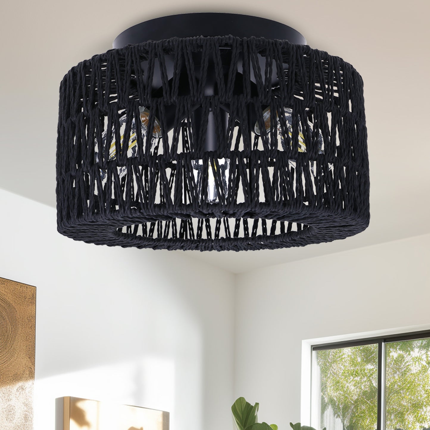 11.8 in. 3-Light Black Rattan Flush Mount Ceiling Light with Hand-Woven Cage Shaded for Hallway Bedroom