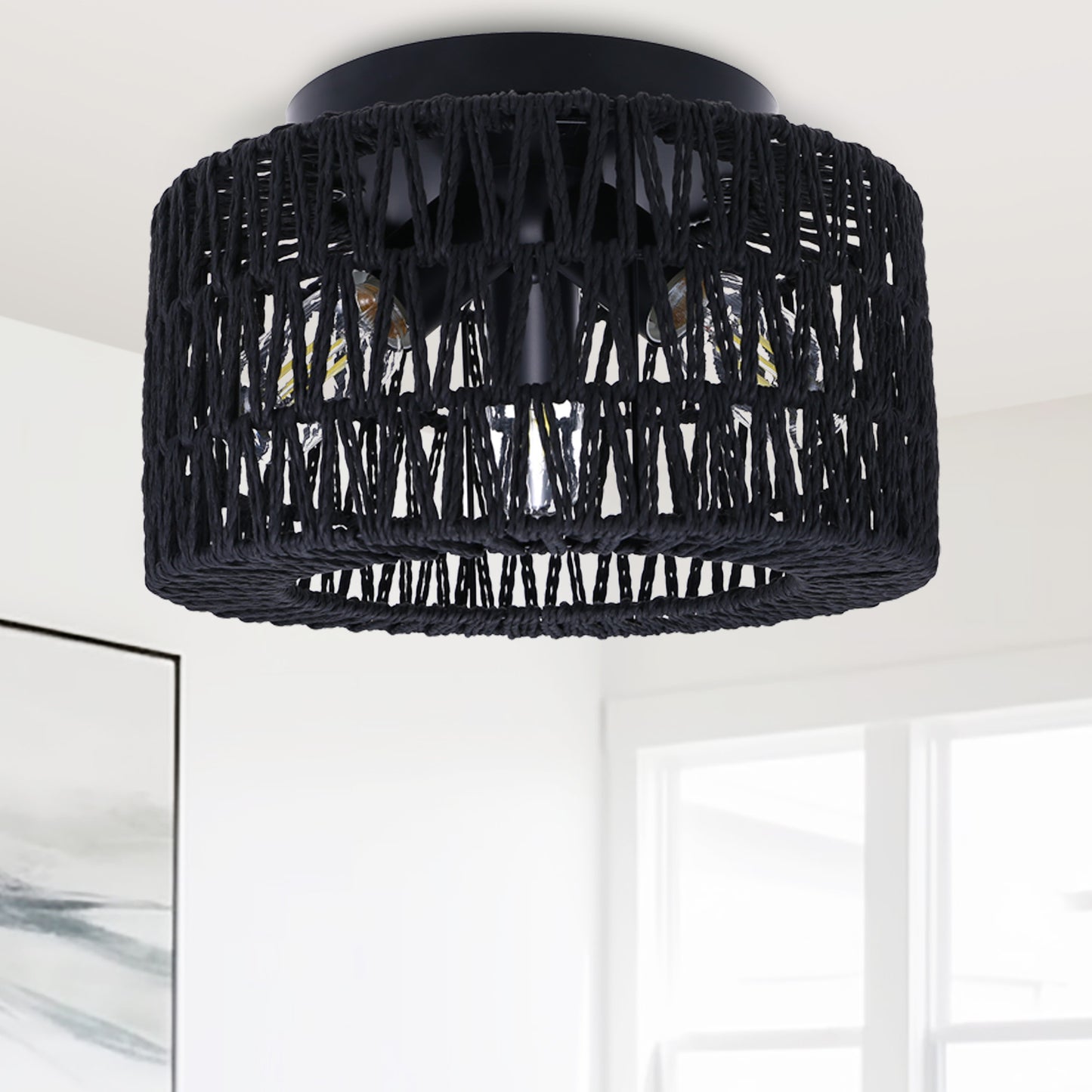 11.8 in. 3-Light Black Rattan Flush Mount Ceiling Light with Hand-Woven Cage Shaded for Hallway Bedroom