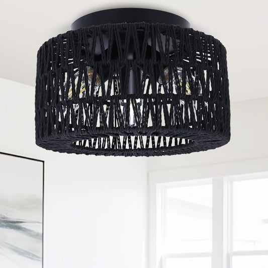 11.8 in. 3-Light Black Rattan Flush Mount Ceiling Light with Hand-Woven Cage Shaded for Hallway Bedroom