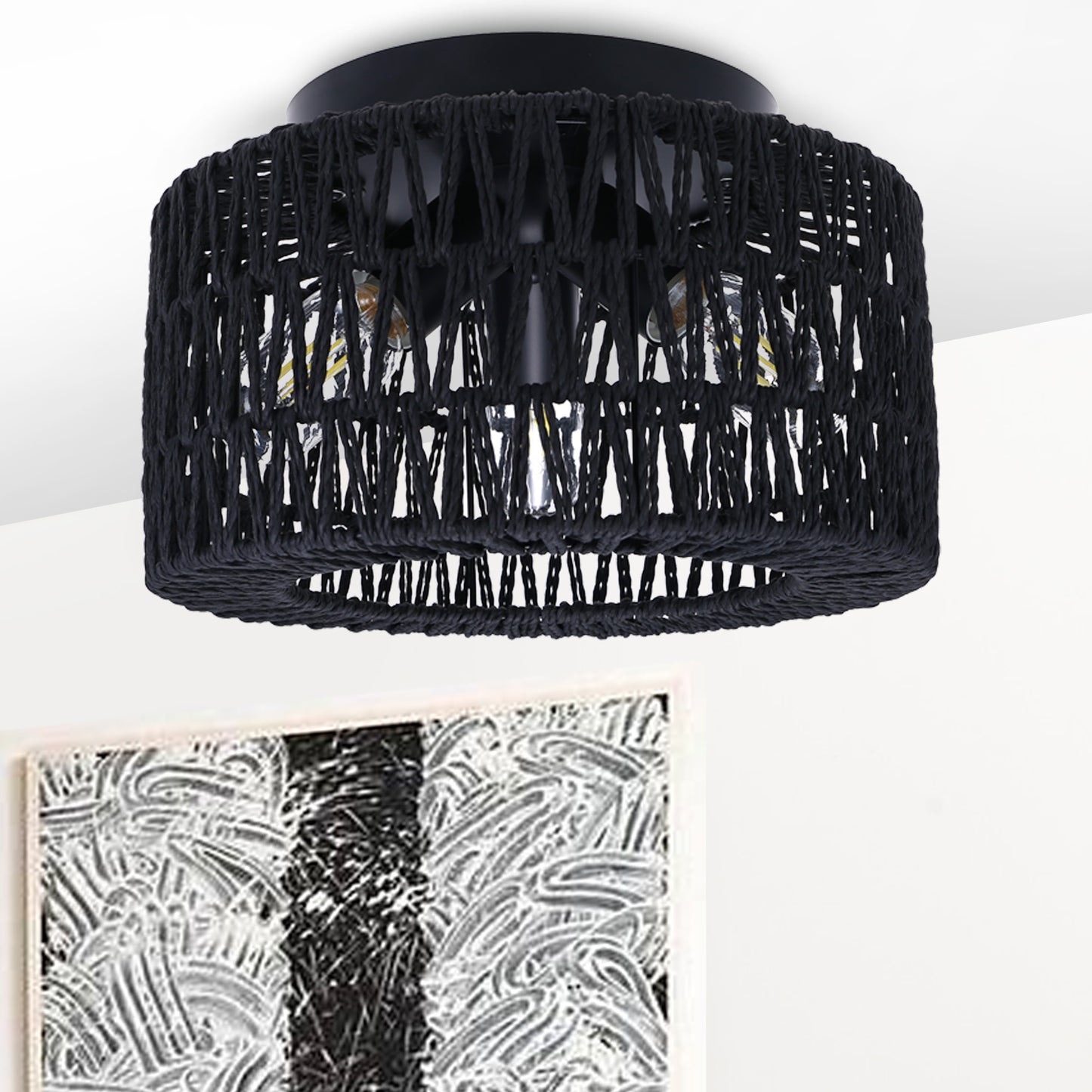 11.8 in. 3-Light Black Rattan Flush Mount Ceiling Light with Hand-Woven Cage Shaded for Hallway Bedroom