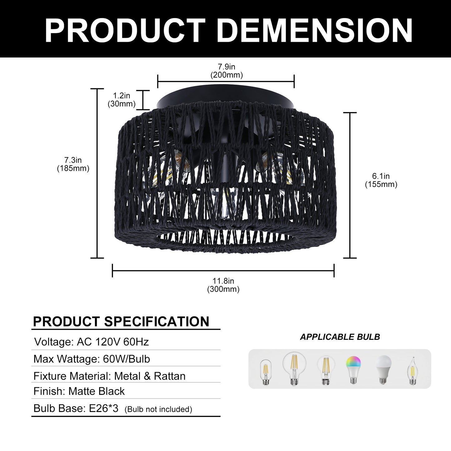 11.8 in. 3-Light Black Rattan Flush Mount Ceiling Light with Hand-Woven Cage Shaded for Hallway Bedroom