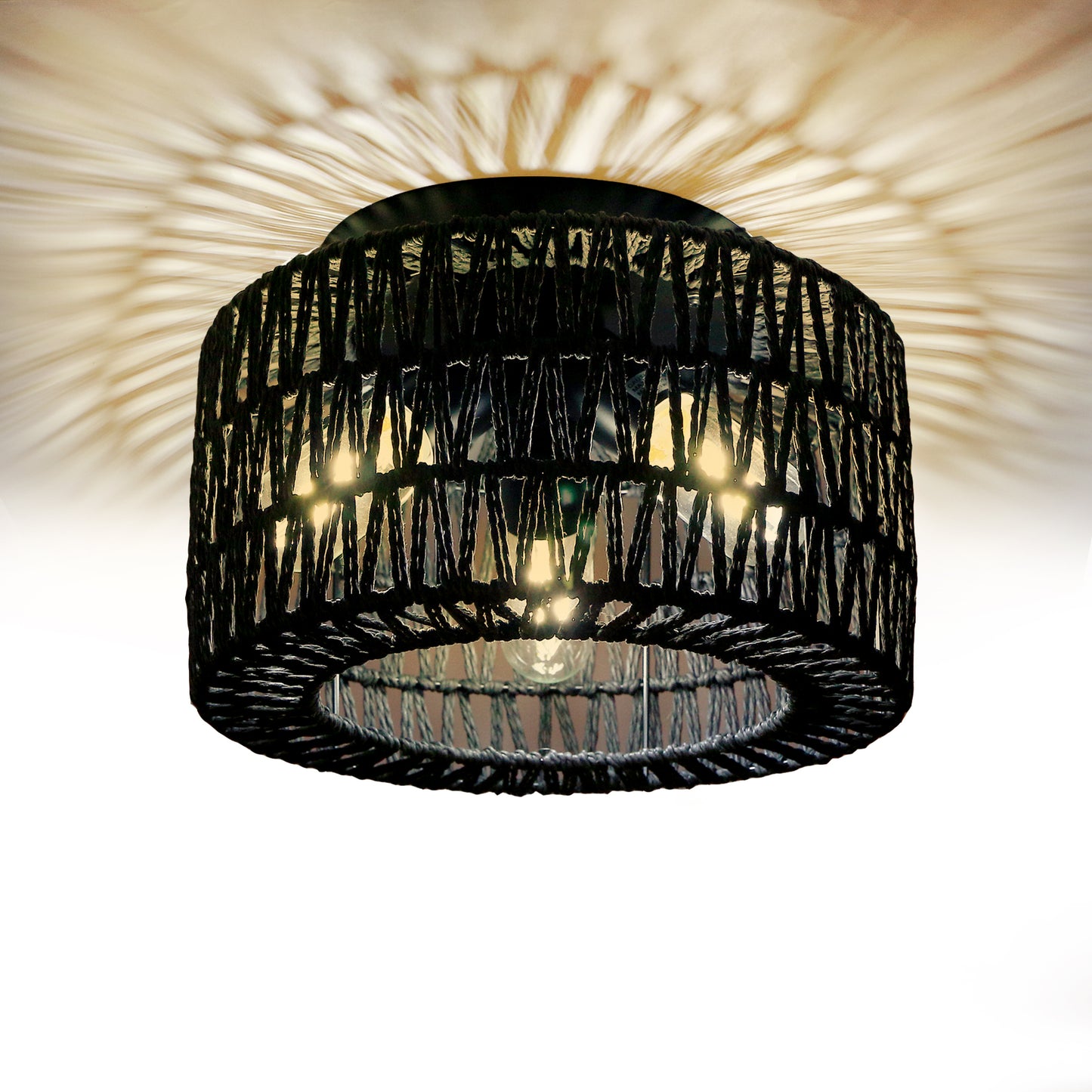 11.8 in. 3-Light Black Rattan Flush Mount Ceiling Light with Hand-Woven Cage Shaded for Hallway Bedroom