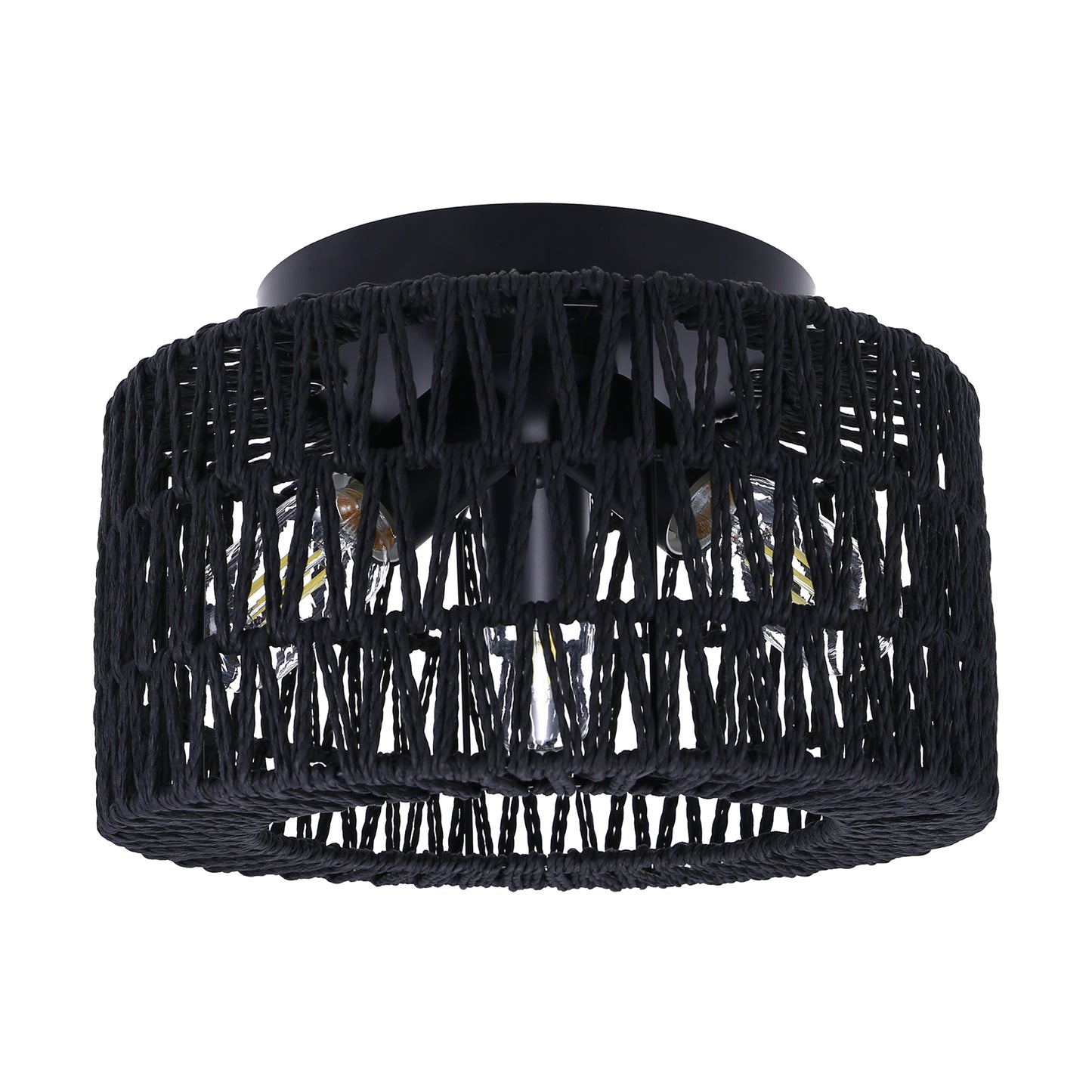 11.8 in. 3-Light Black Rattan Flush Mount Ceiling Light with Hand-Woven Cage Shaded for Hallway Bedroom