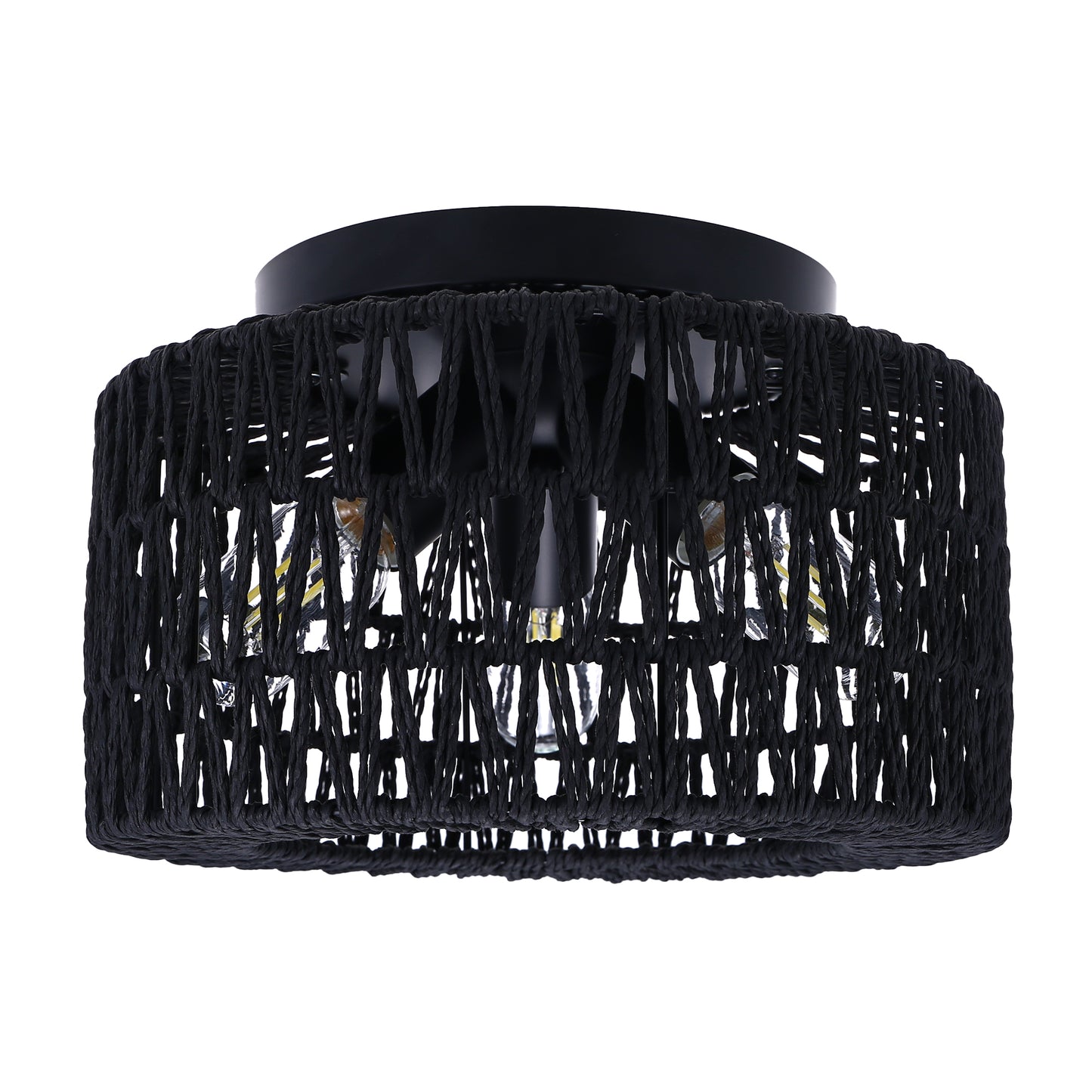 11.8 in. 3-Light Black Rattan Flush Mount Ceiling Light with Hand-Woven Cage Shaded for Hallway Bedroom