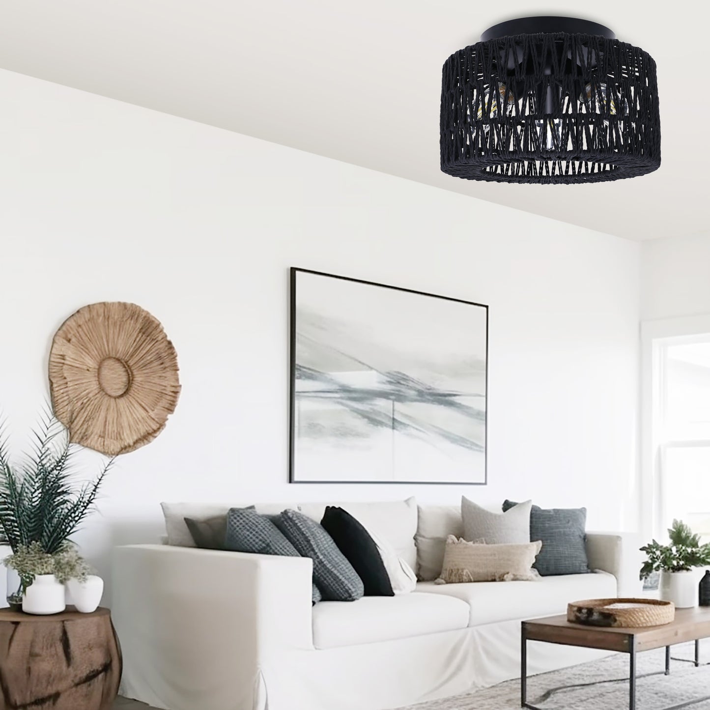 11.8 in. 3-Light Black Rattan Flush Mount Ceiling Light with Hand-Woven Cage Shaded for Hallway Bedroom