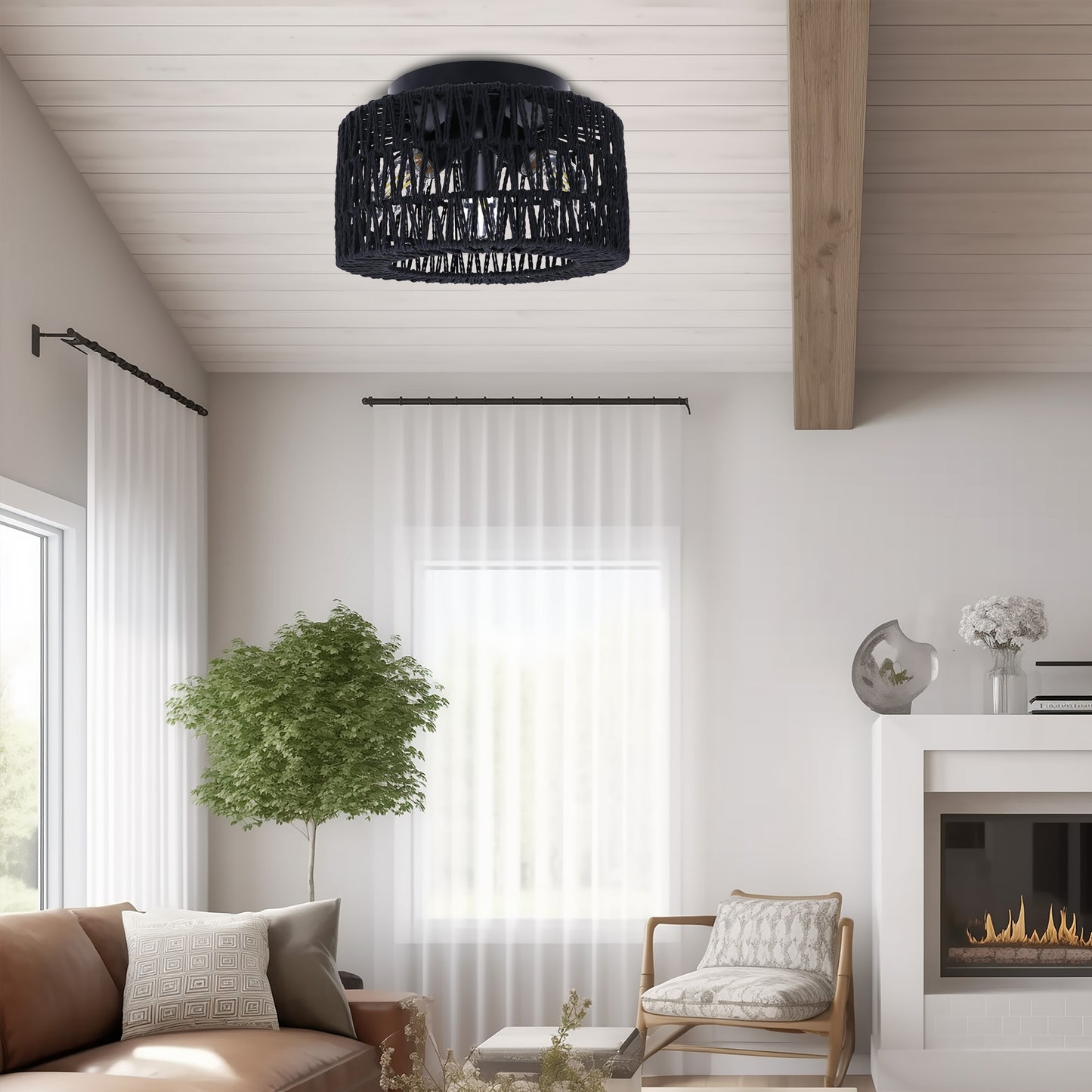 11.8 in. 3-Light Black Rattan Flush Mount Ceiling Light with Hand-Woven Cage Shaded for Hallway Bedroom