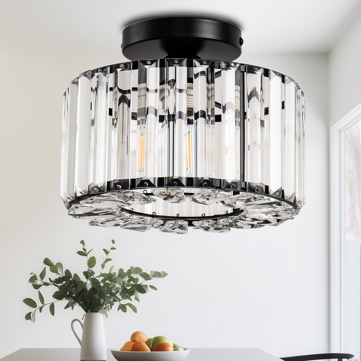10 in. 1-Light Black Modern Semi-Flush Mount with Crystal Shade and No Bulbs Included