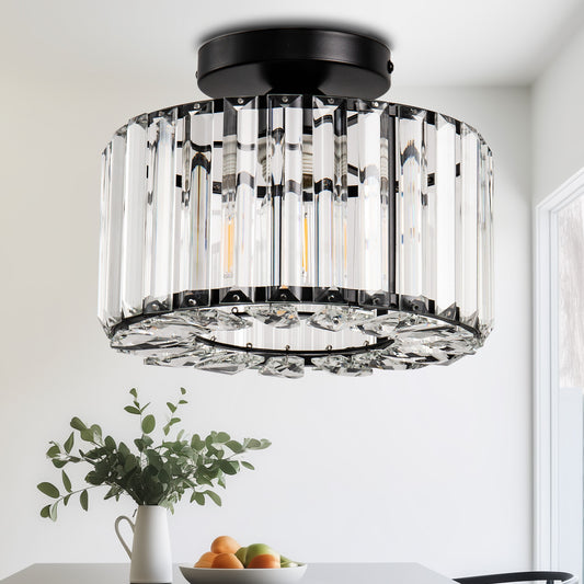10 in. 1-Light Black Modern Semi-Flush Mount with Crystal Shade and No Bulbs Included