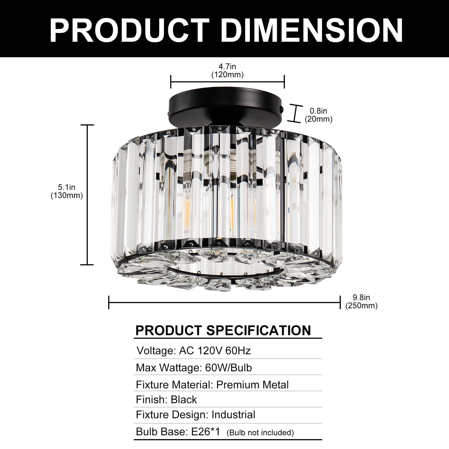 10 in. 1-Light Black Modern Semi-Flush Mount with Crystal Shade and No Bulbs Included