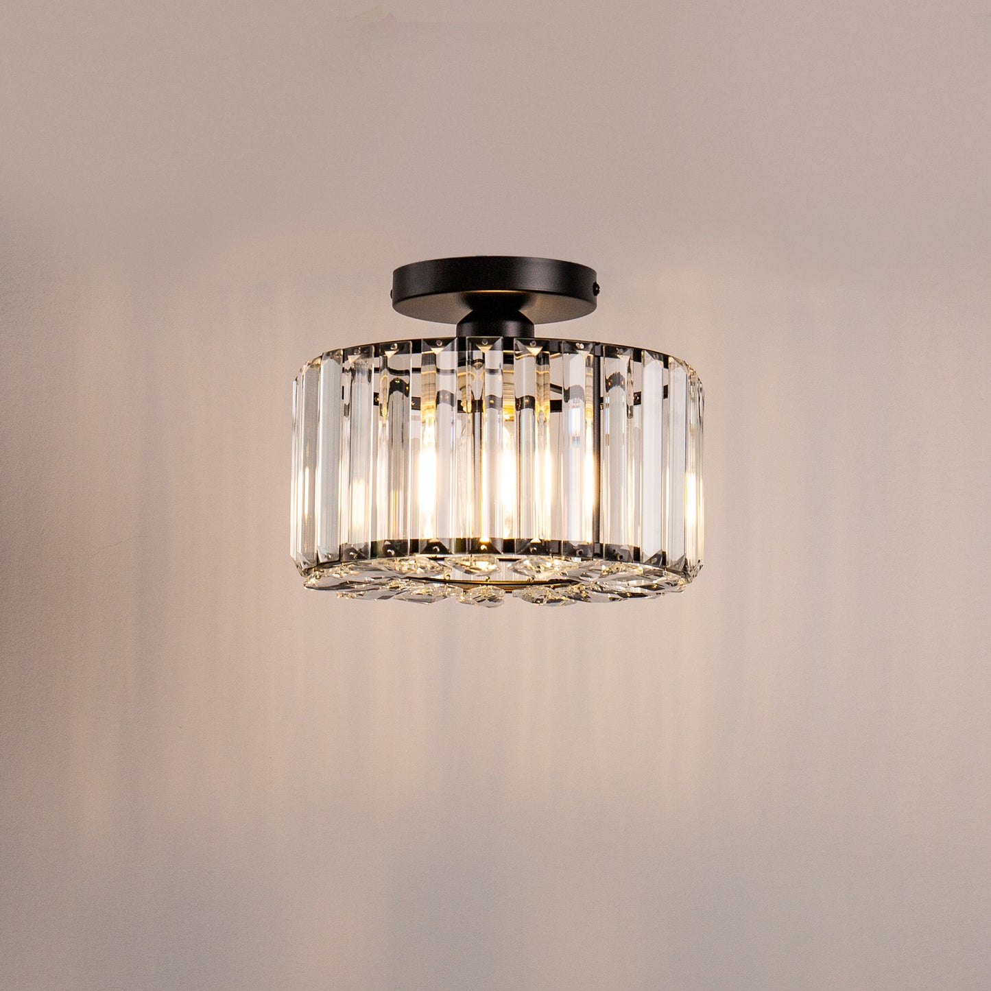 10 in. 1-Light Black Modern Semi-Flush Mount with Crystal Shade and No Bulbs Included