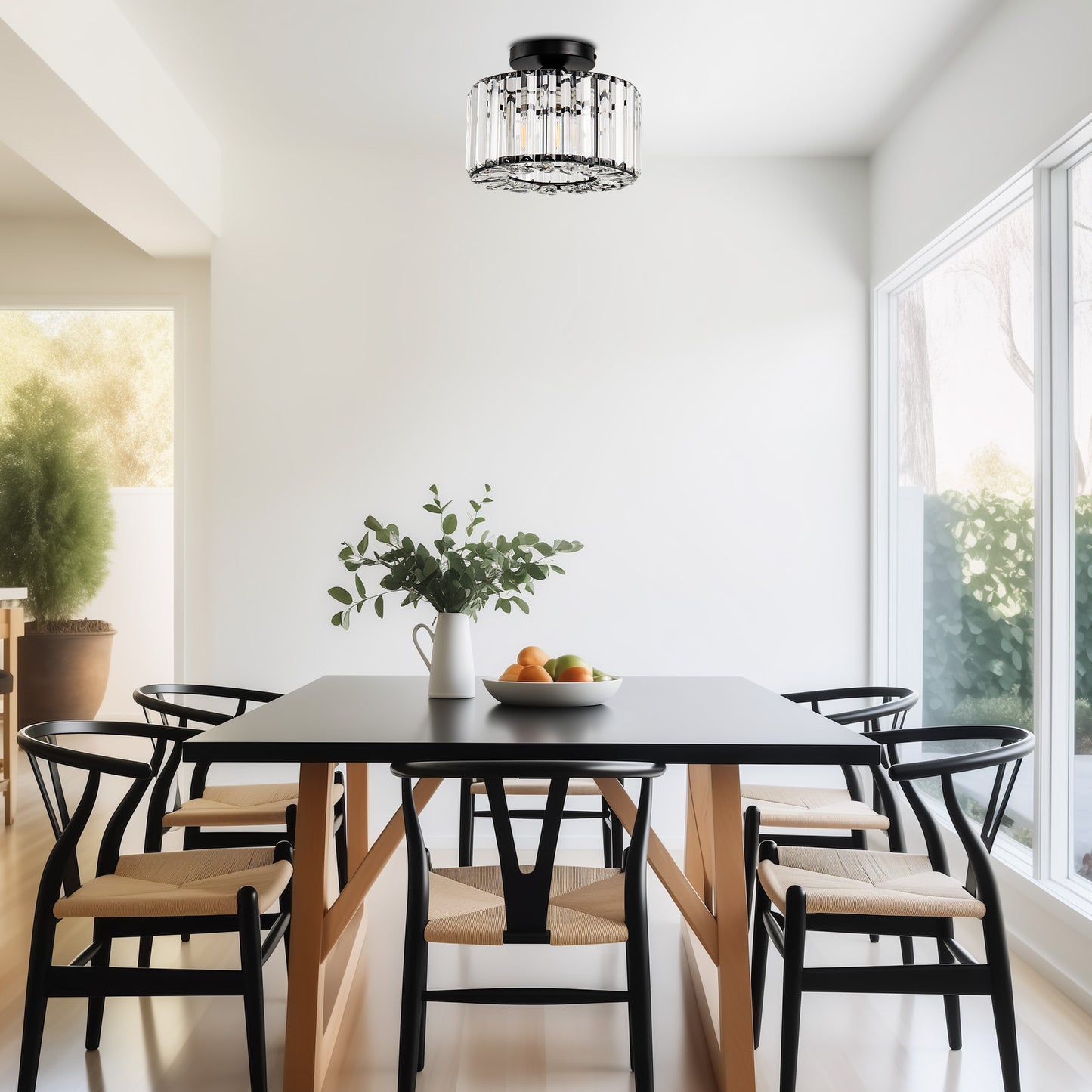 10 in. 1-Light Black Modern Semi-Flush Mount with Crystal Shade and No Bulbs Included