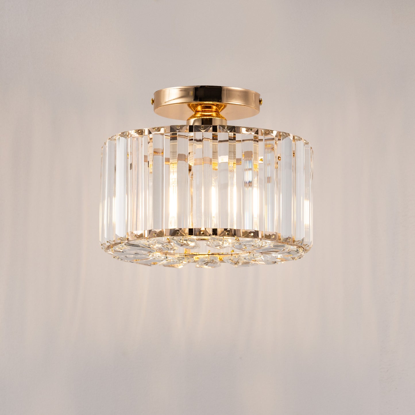 YANSUN 1-Light Rose Gold Semi-Flush Ceiling Light, Non-Integrated E26 Bulb, Cylindrical Crystal Accent, Modern Indoor Lighting