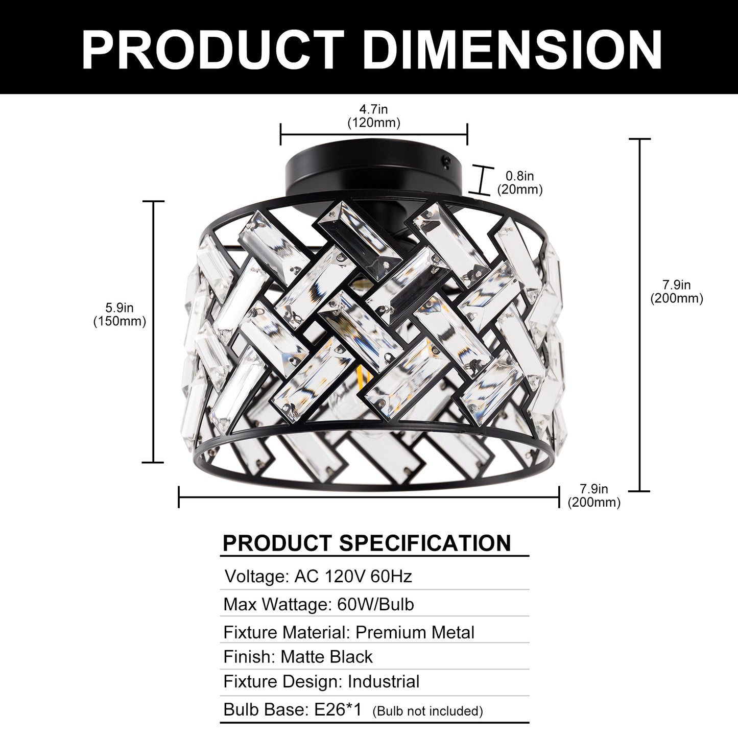 8 in. 1-Light Black Modern Semi-Flush Mount with Shade and No Bulbs Included