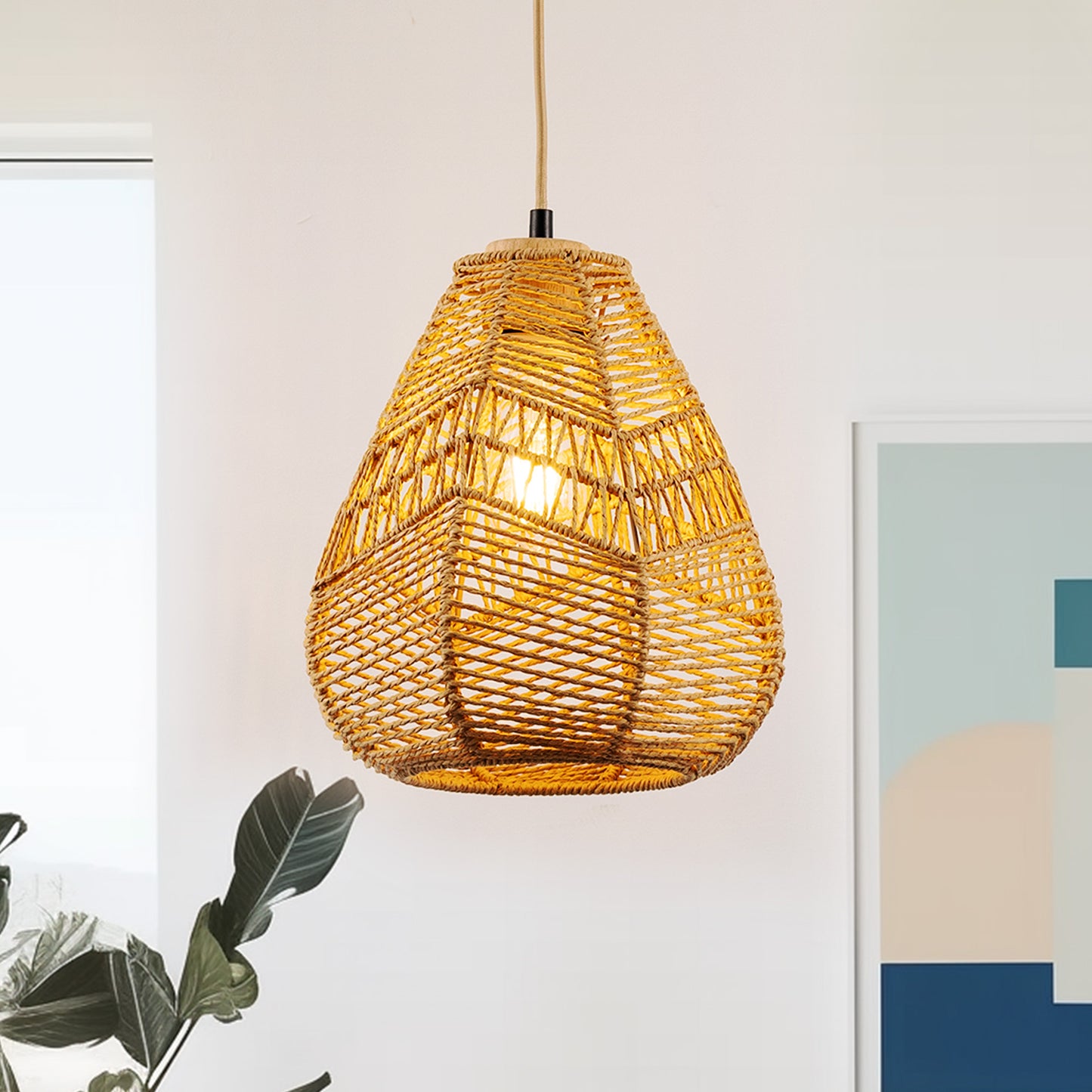 YANSUN Farmhouse 1-Light Woven Rope Pendant Light with Teardrop Shade, E26 Base Hanging Fixture No Bulb Included