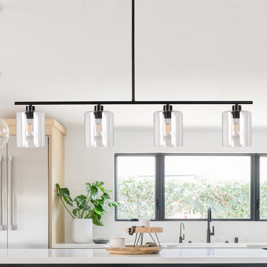 4-Light Matte Black Modern Island Chandelier Fixture with Clear Glass Shades