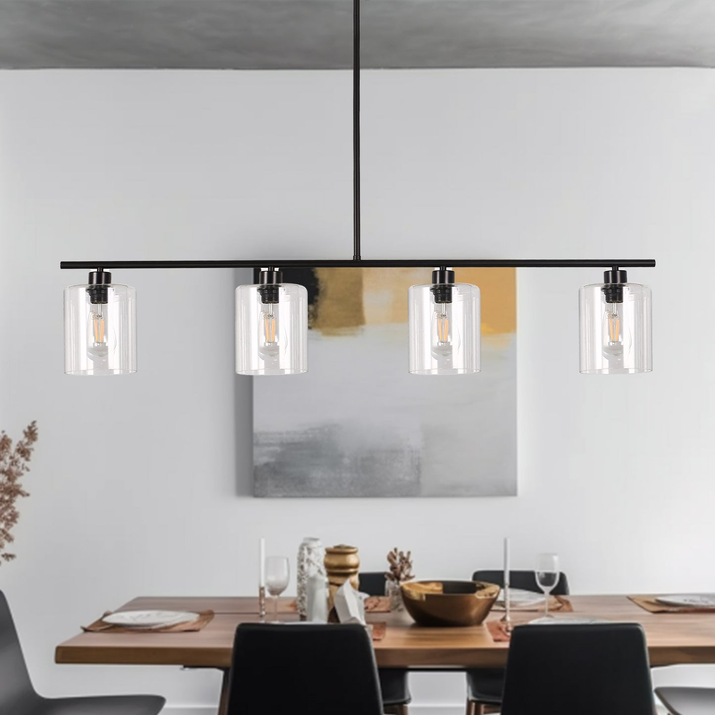 4-Light Matte Black Modern Island Chandelier Fixture with Clear Glass Shades