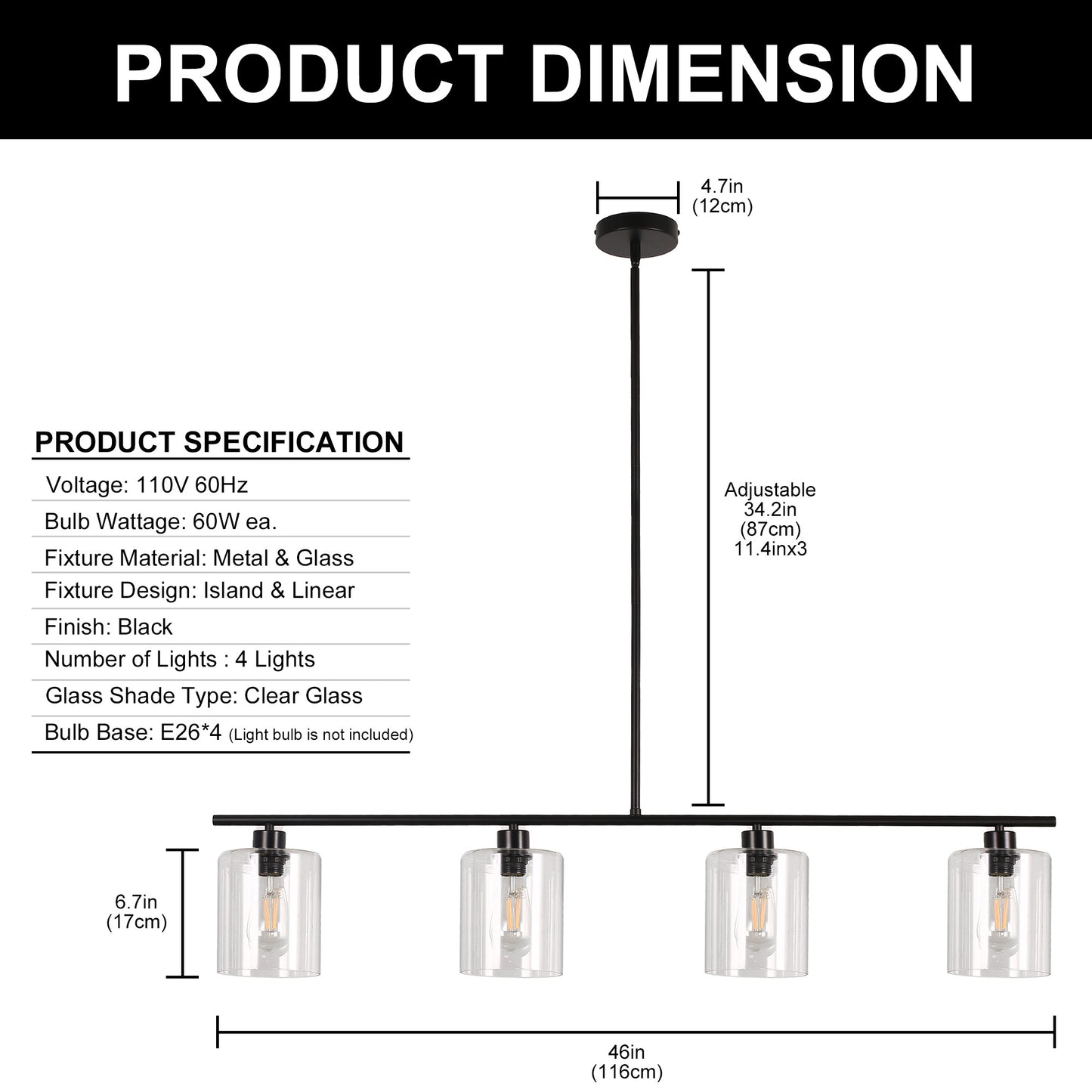 4-Light Matte Black Modern Island Chandelier Fixture with Clear Glass Shades