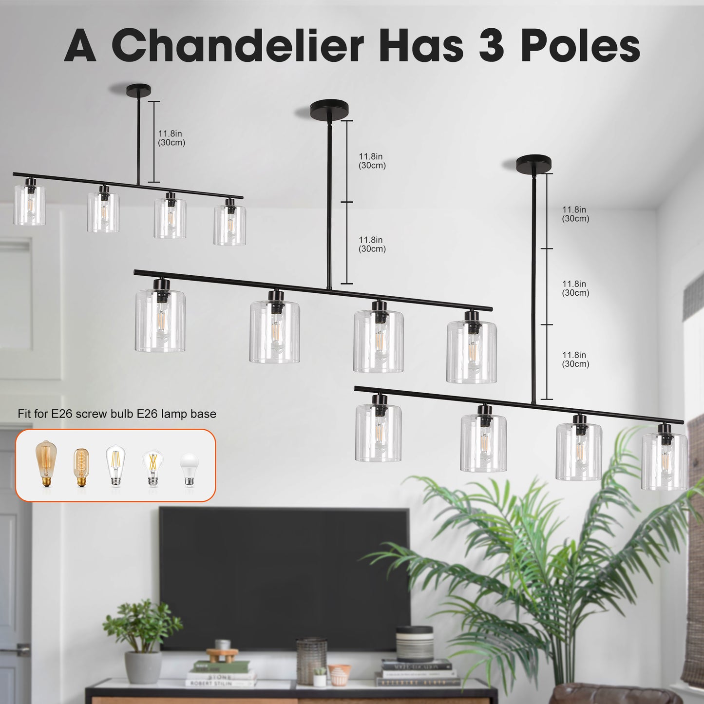 4-Light Matte Black Modern Island Chandelier Fixture with Clear Glass Shades