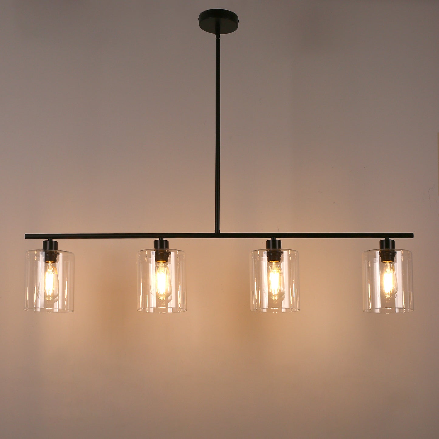 4-Light Matte Black Modern Island Chandelier Fixture with Clear Glass Shades
