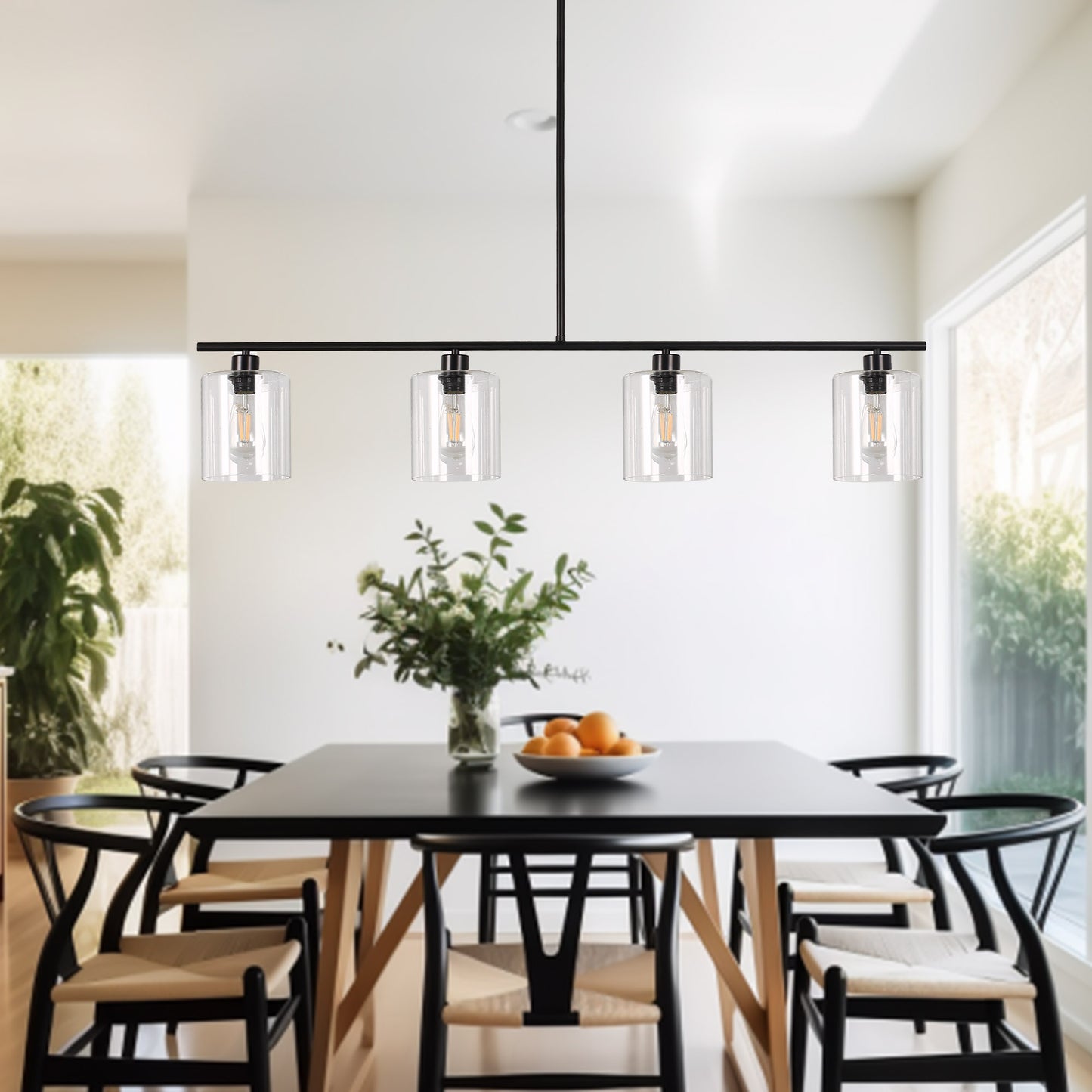 4-Light Matte Black Modern Island Chandelier Fixture with Clear Glass Shades