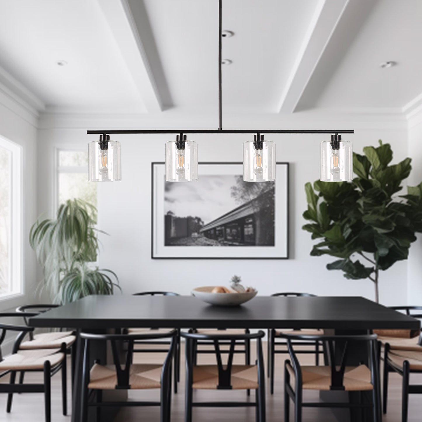 4-Light Matte Black Modern Island Chandelier Fixture with Clear Glass Shades