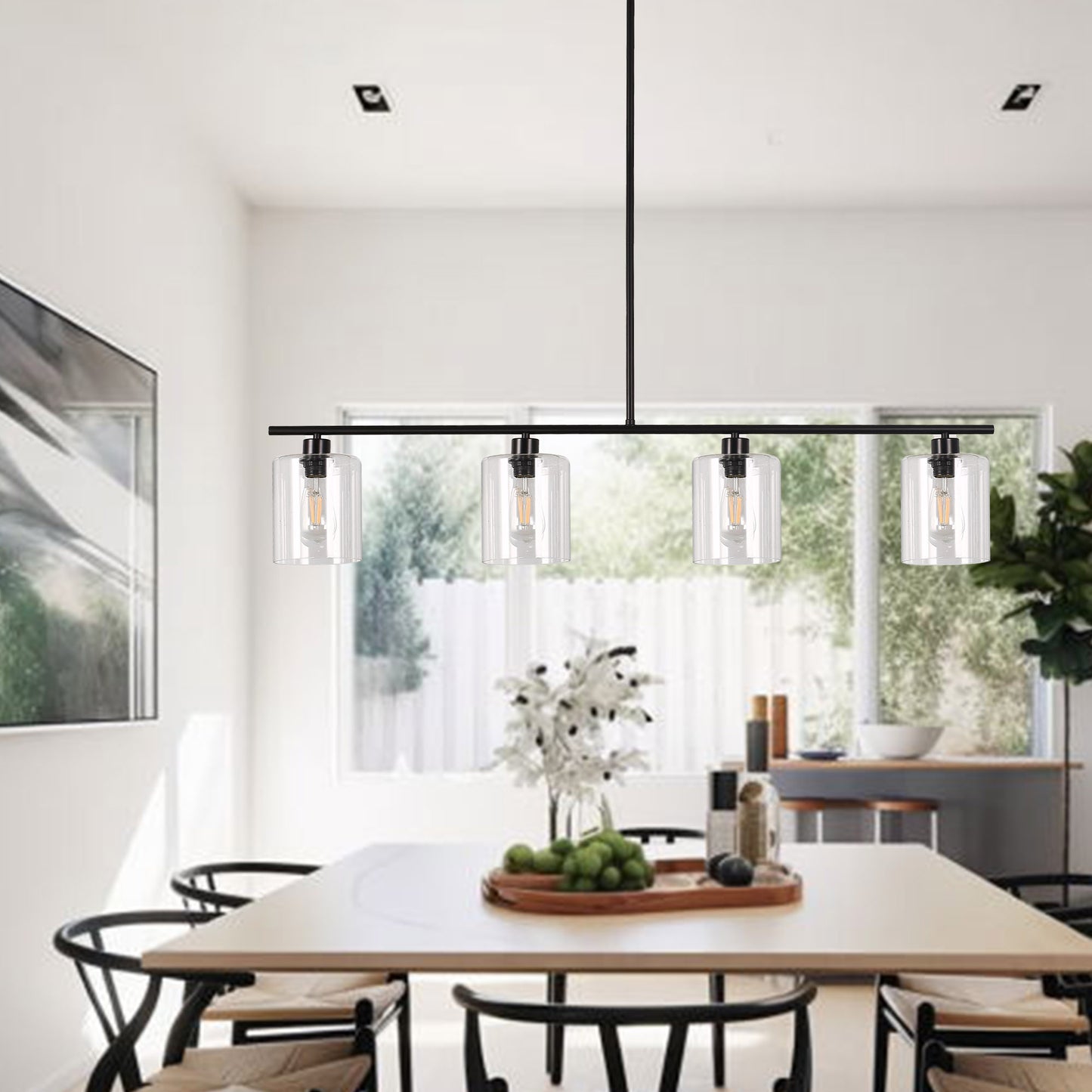 4-Light Matte Black Modern Island Chandelier Fixture with Clear Glass Shades