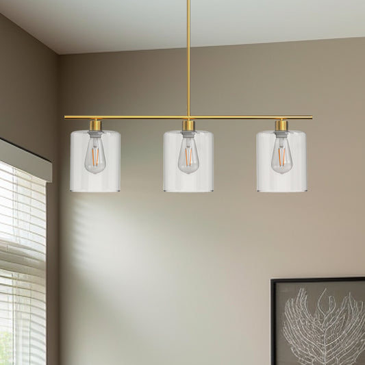 3-Light Gold Modern Kitchen Island Pendant Light Fixtures, Linear Chandelier Hanging Light with Clear Glass Shade