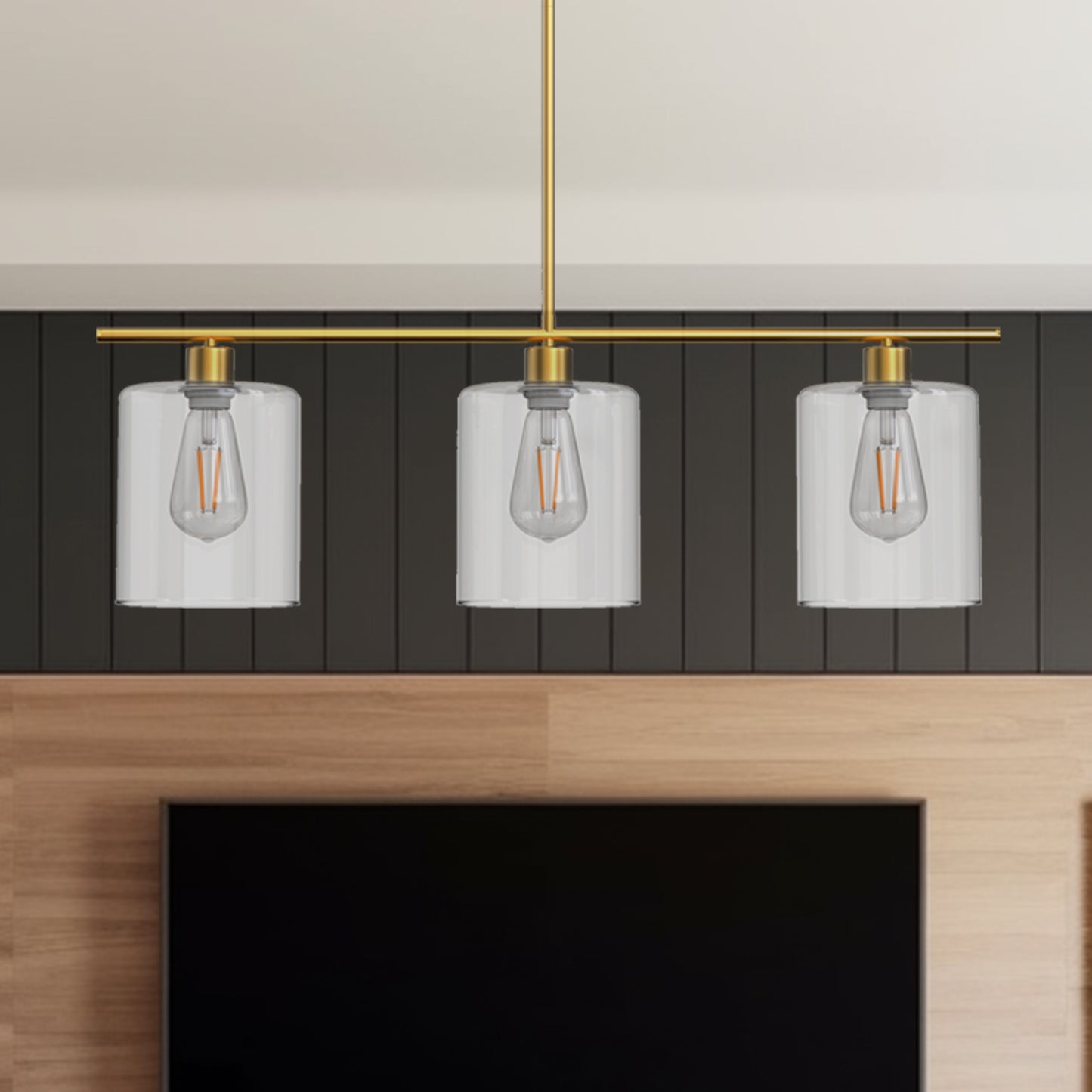 3-Light Gold Modern Kitchen Island Pendant Light Fixtures, Linear Chandelier Hanging Light with Clear Glass Shade
