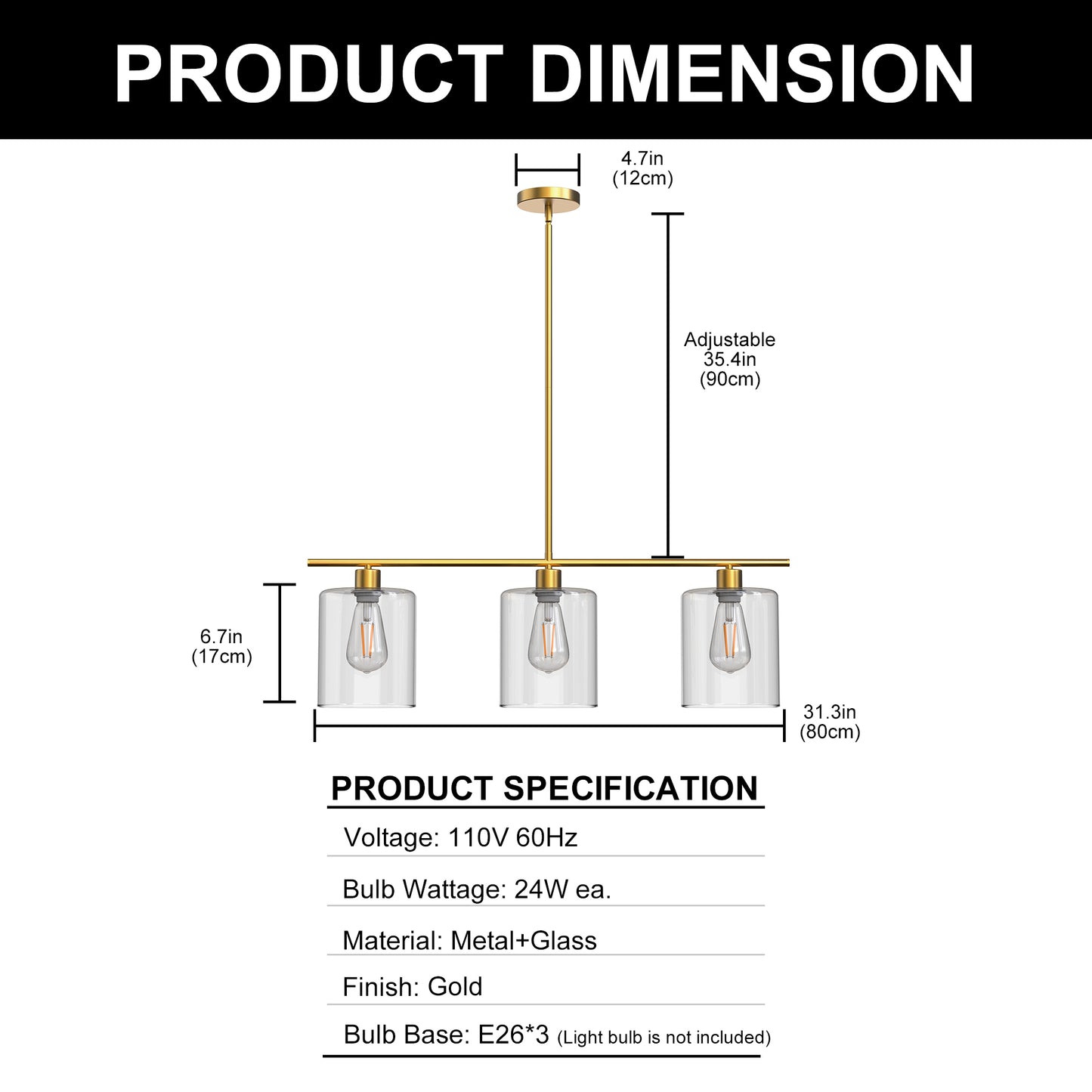 3-Light Gold Modern Kitchen Island Pendant Light Fixtures, Linear Chandelier Hanging Light with Clear Glass Shade