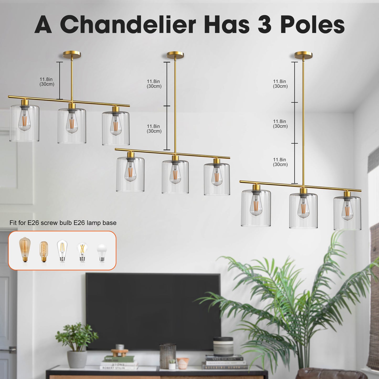 3-Light Gold Modern Kitchen Island Pendant Light Fixtures, Linear Chandelier Hanging Light with Clear Glass Shade