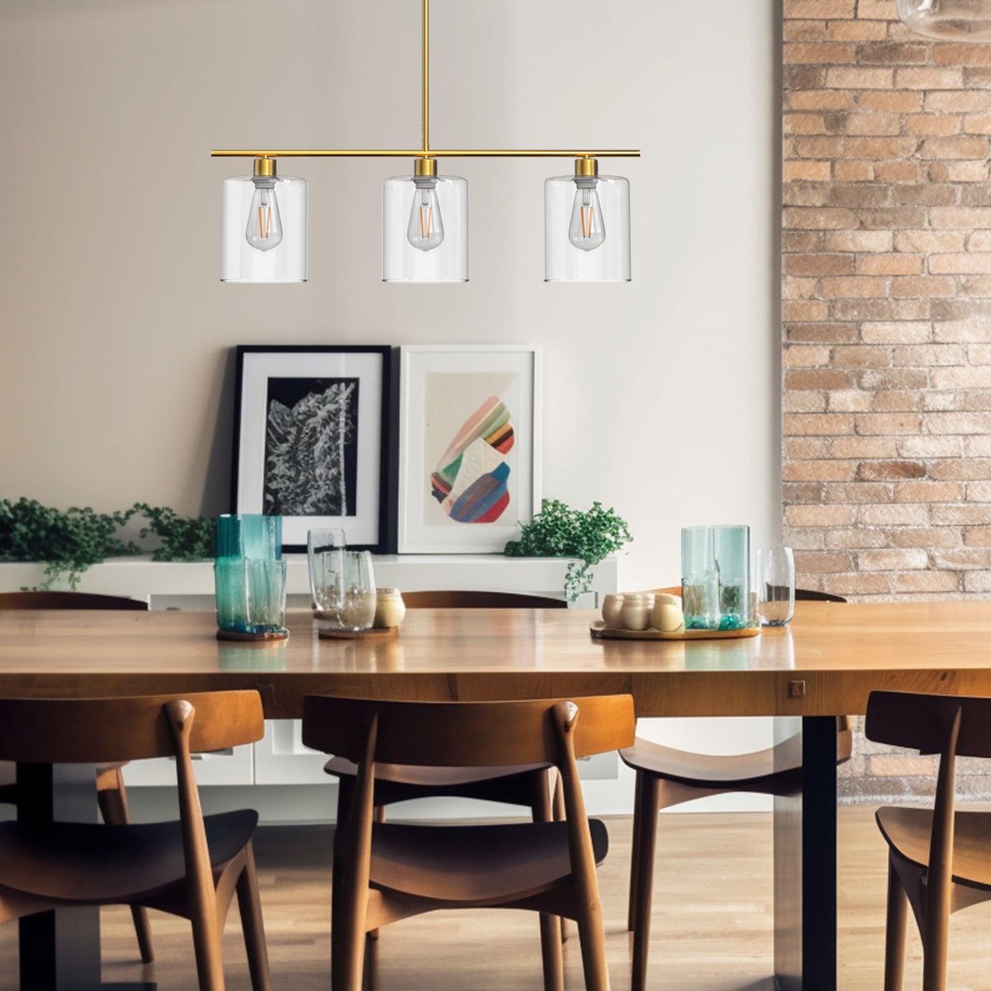 3-Light Gold Modern Kitchen Island Pendant Light Fixtures, Linear Chandelier Hanging Light with Clear Glass Shade