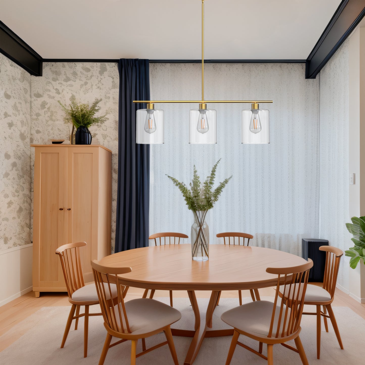 3-Light Gold Modern Kitchen Island Pendant Light Fixtures, Linear Chandelier Hanging Light with Clear Glass Shade