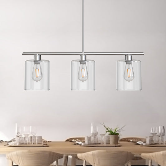 3-Light Brushed Nickel Modern Island Pendant Light Fixtures, Linear Chandelier Hanging Light with Clear Glass Shade